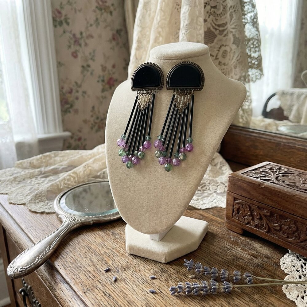 1980s Vintage Black Stone & Bead Earrings | Lightweight Czech Crystal Drop